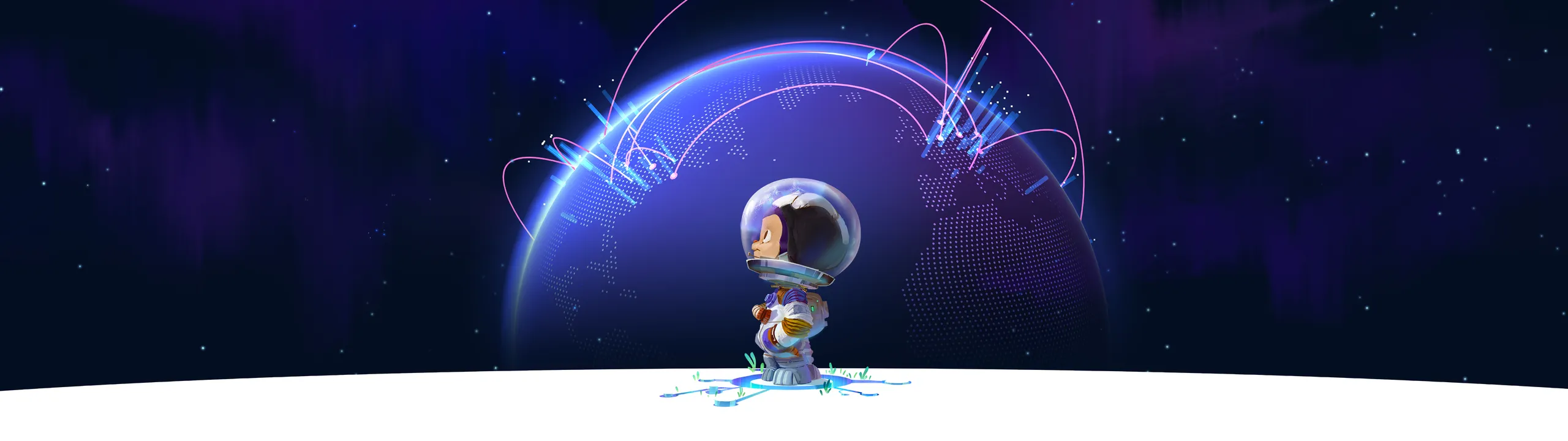 Ilustration showing Mona staring on the side, with the globe with GitHub activity behind her. (GitHub)